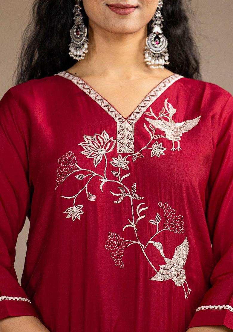 Red Embroidered Cotton Kurta Set