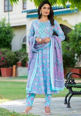 Blue Printed Cotton Kurta Set