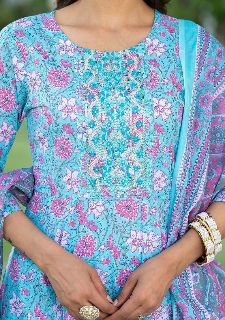 Blue Printed Cotton Kurta Set