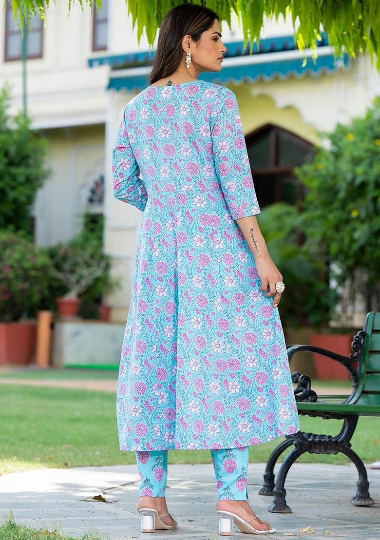 Blue Printed Cotton Kurta Set