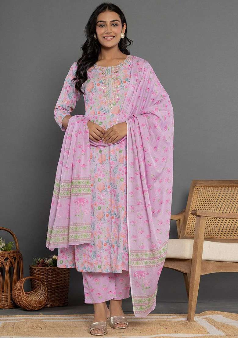 Purple Embroidered Cotton Straight Kurta Set - Indya