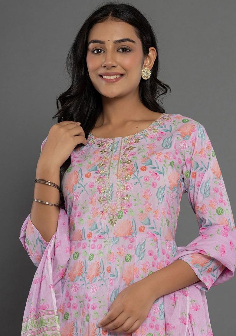 Purple Printed Cotton Kurta Set