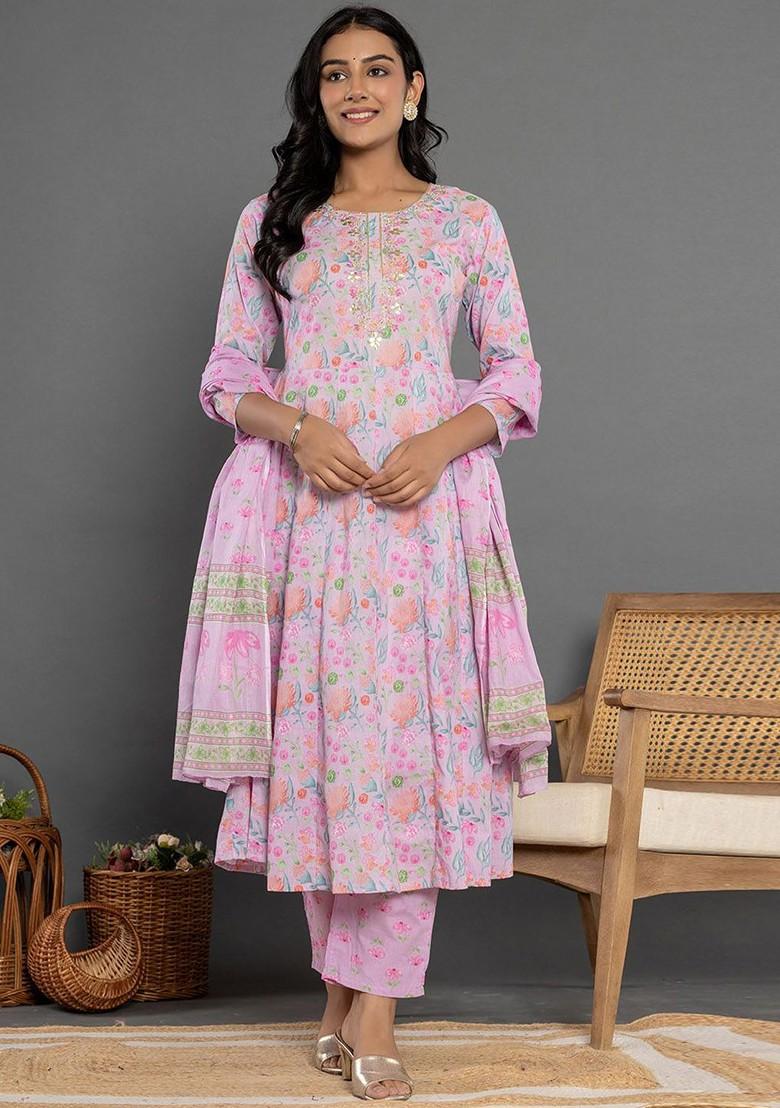 Purple Printed Cotton Kurta Set