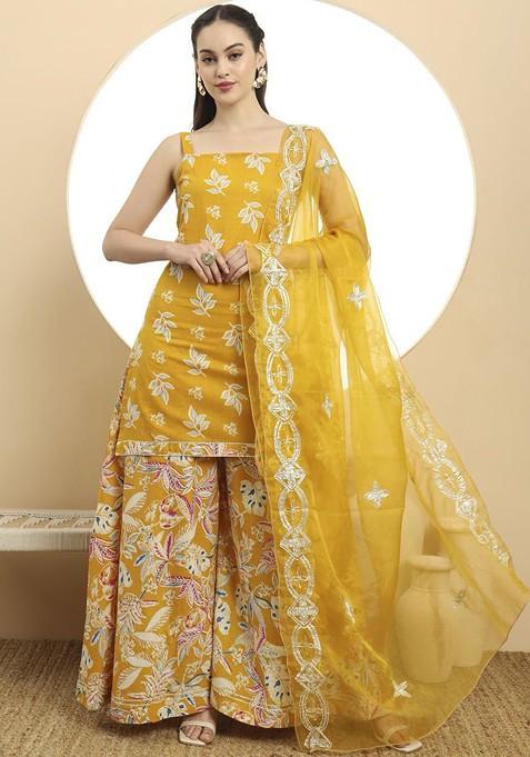 Yellow Embroidered Cotton Kurta Set