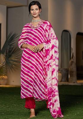 Pink Printed Poly Blend Kurta Set
