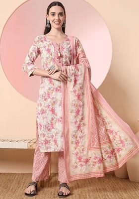 Cream Printed Cotton Kurta Set