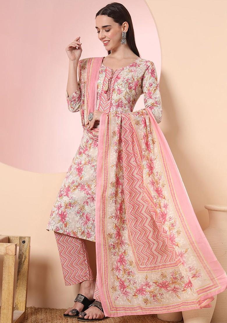 Cream Printed Cotton Kurta Set