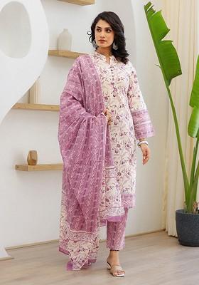 Purple Printed Cotton Kurta Set
