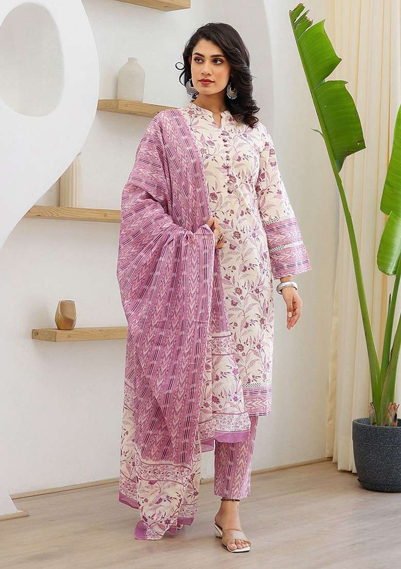 Purple Floral Print Cotton Straight Kurta Set - Indya