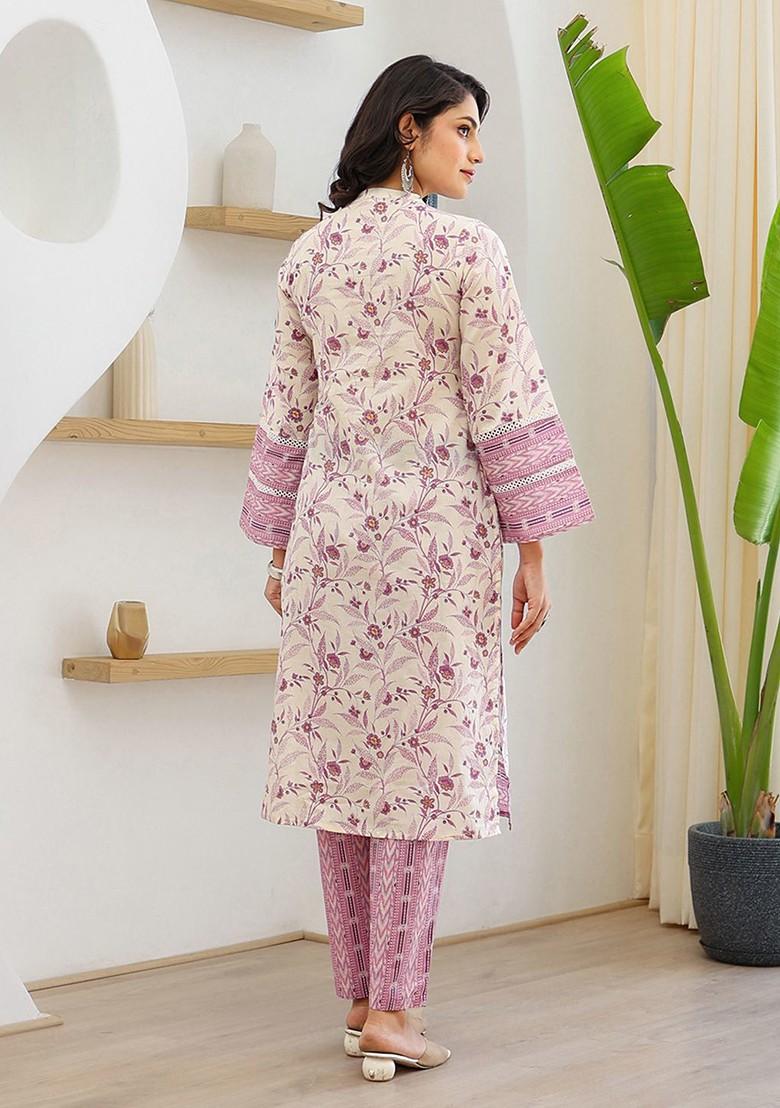 Purple Printed Cotton Kurta Set