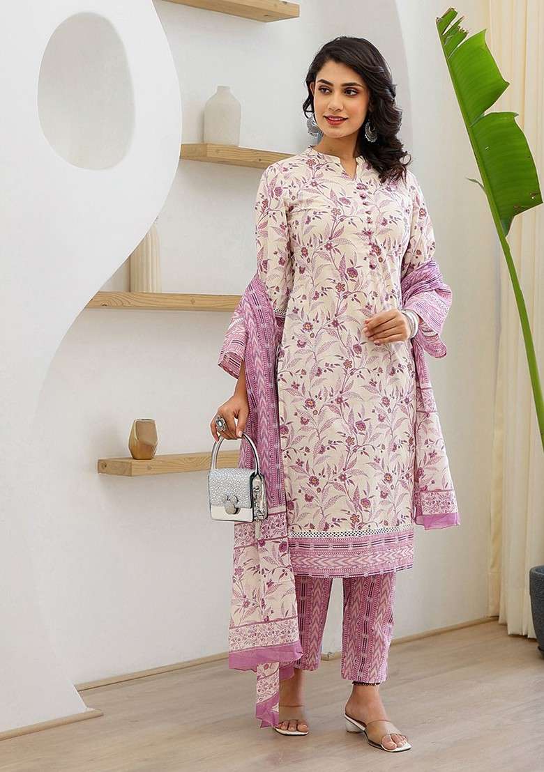 Purple Floral Print Cotton Straight Kurta Set - Indya