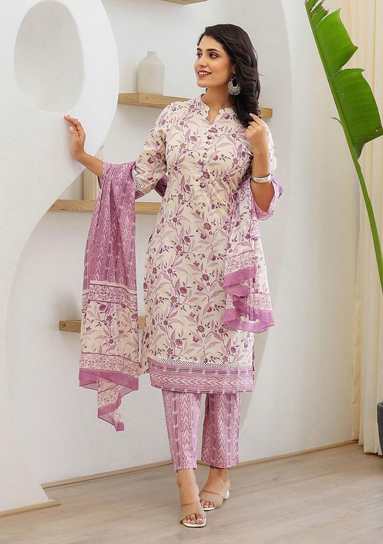 Purple Printed Cotton Kurta Set