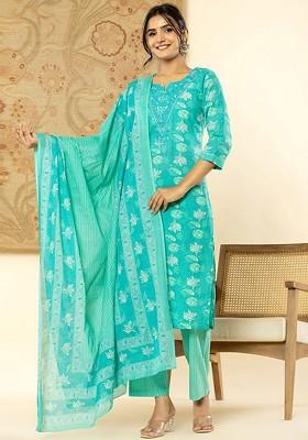 Blue Printed Cotton Kurta Set
