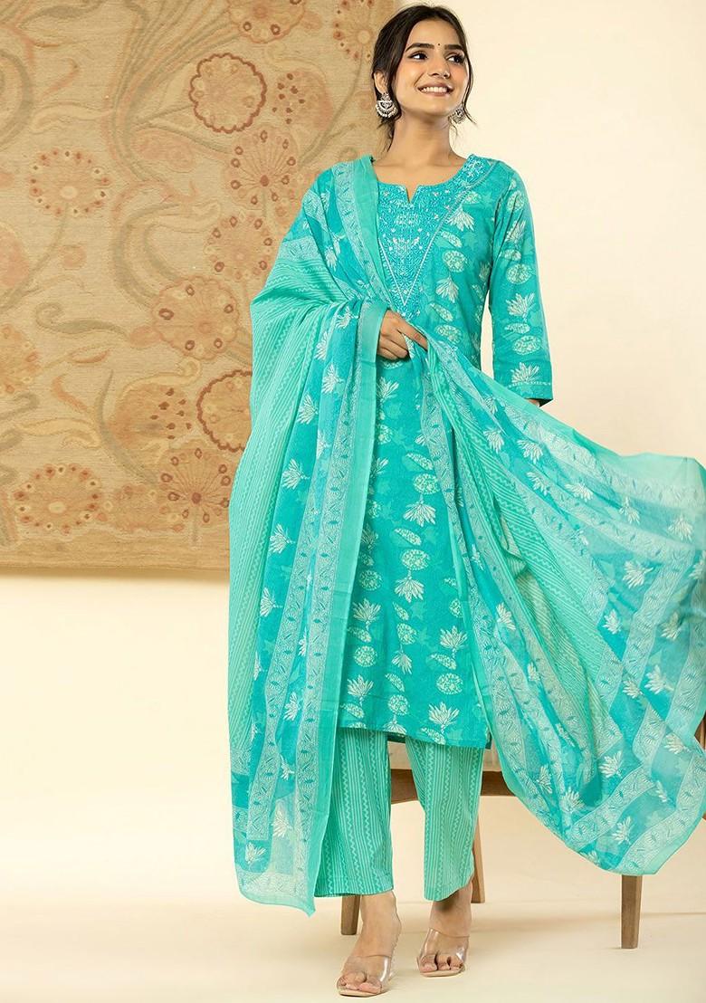 Blue Printed Cotton Kurta Set
