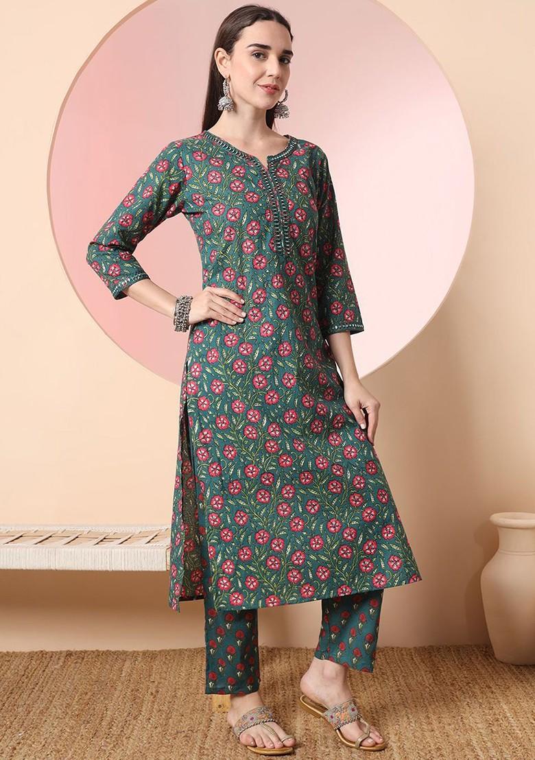 Green Printed Cotton Kurta Set