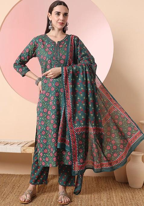 Green Printed Cotton Kurta Set