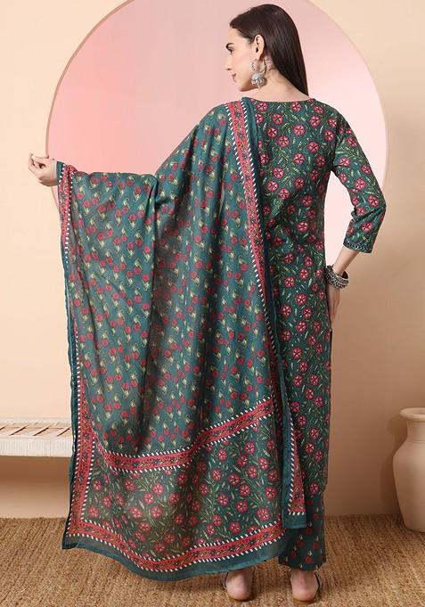 Green Printed Cotton Kurta Set