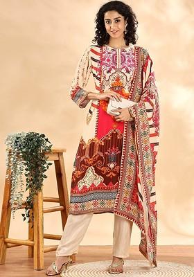 Cream Printed Silk Kurta Set