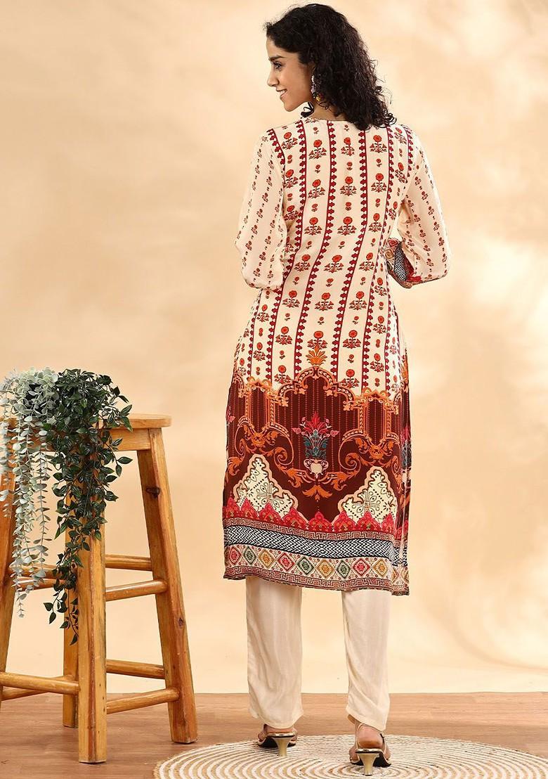 Cream Printed Silk Kurta Set