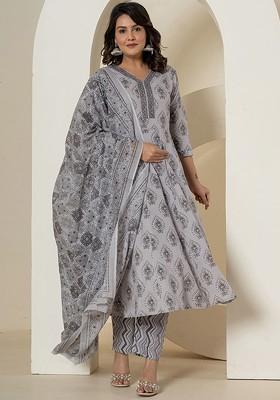 Grey Printed Cotton Kurta Set