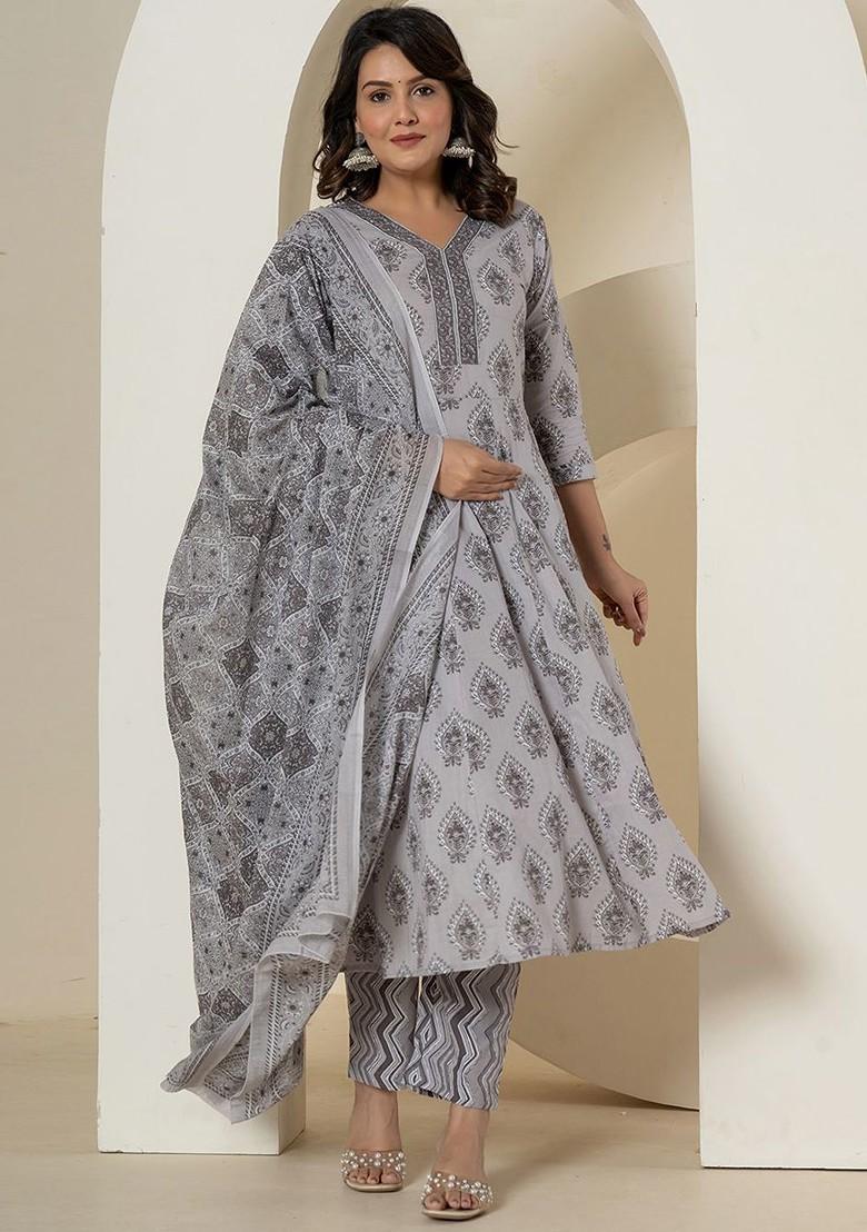 Grey Printed Cotton Kurta Set