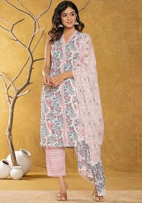 White Printed Cotton Kurta Set