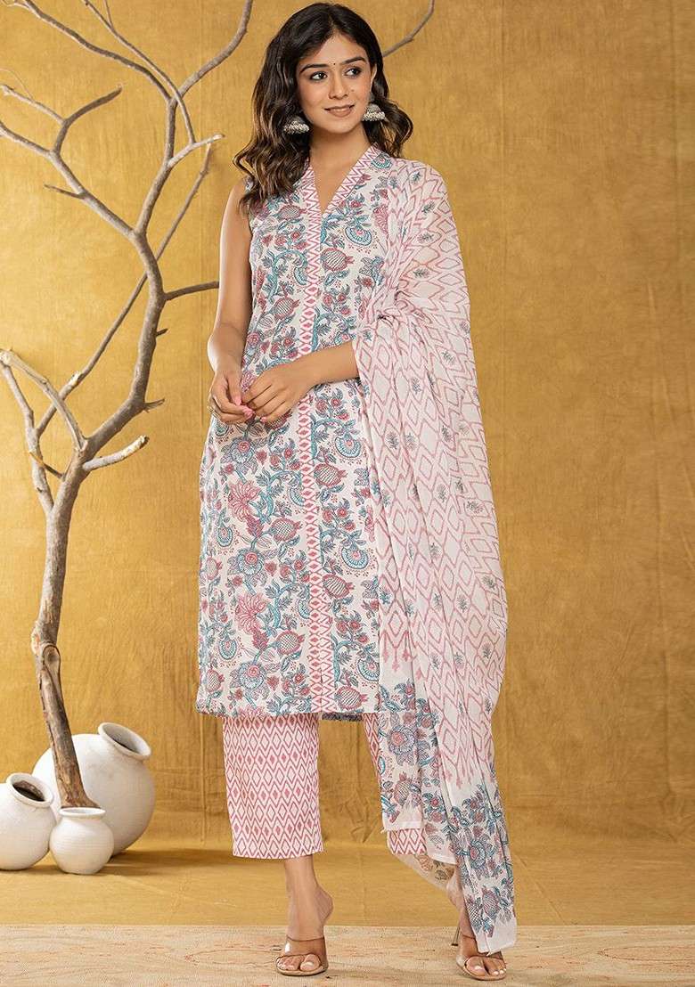 White Floral Print Cotton Straight Kurta Set - Indya