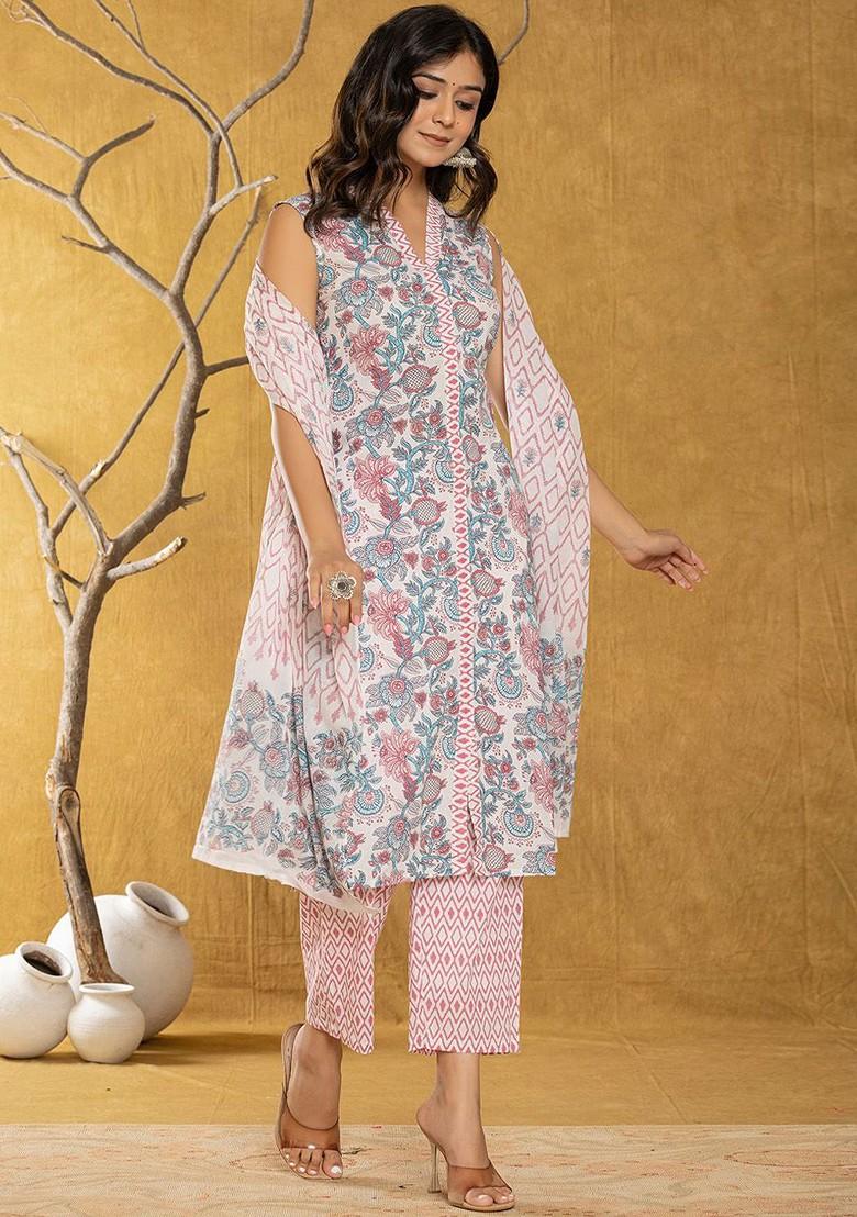 White Printed Cotton Kurta Set