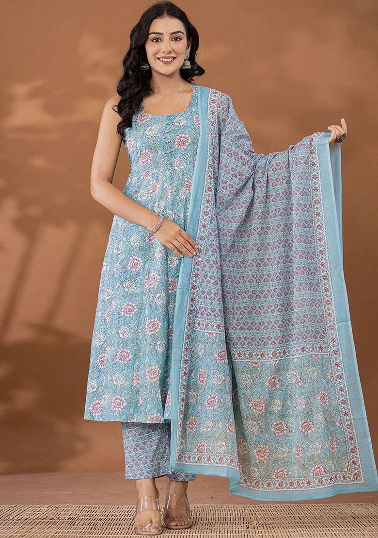 Blue Floral Print Cotton A Line Kurta Set - Indya