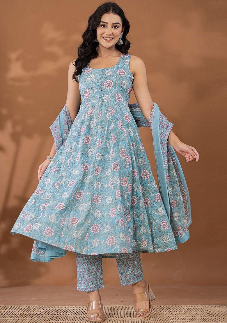 Blue Printed Cotton Kurta Set