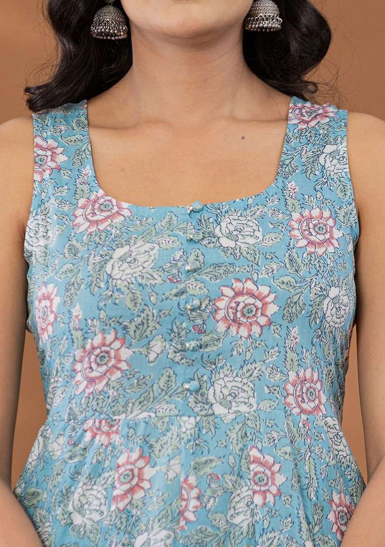 Blue Floral Print Cotton A Line Kurta Set - Indya