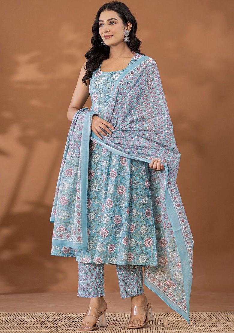 Blue Printed Cotton Kurta Set
