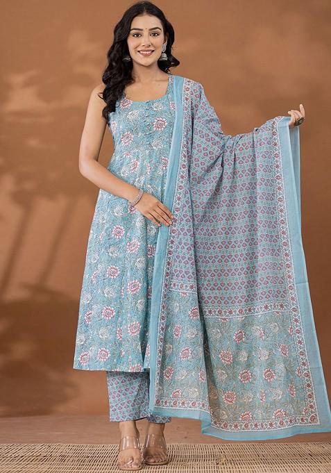 Blue Floral Print Cotton A Line Kurta Set — view on Indya