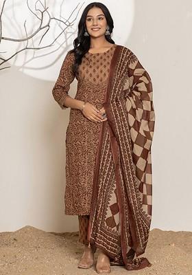 Brown Printed Cotton Kurta Set