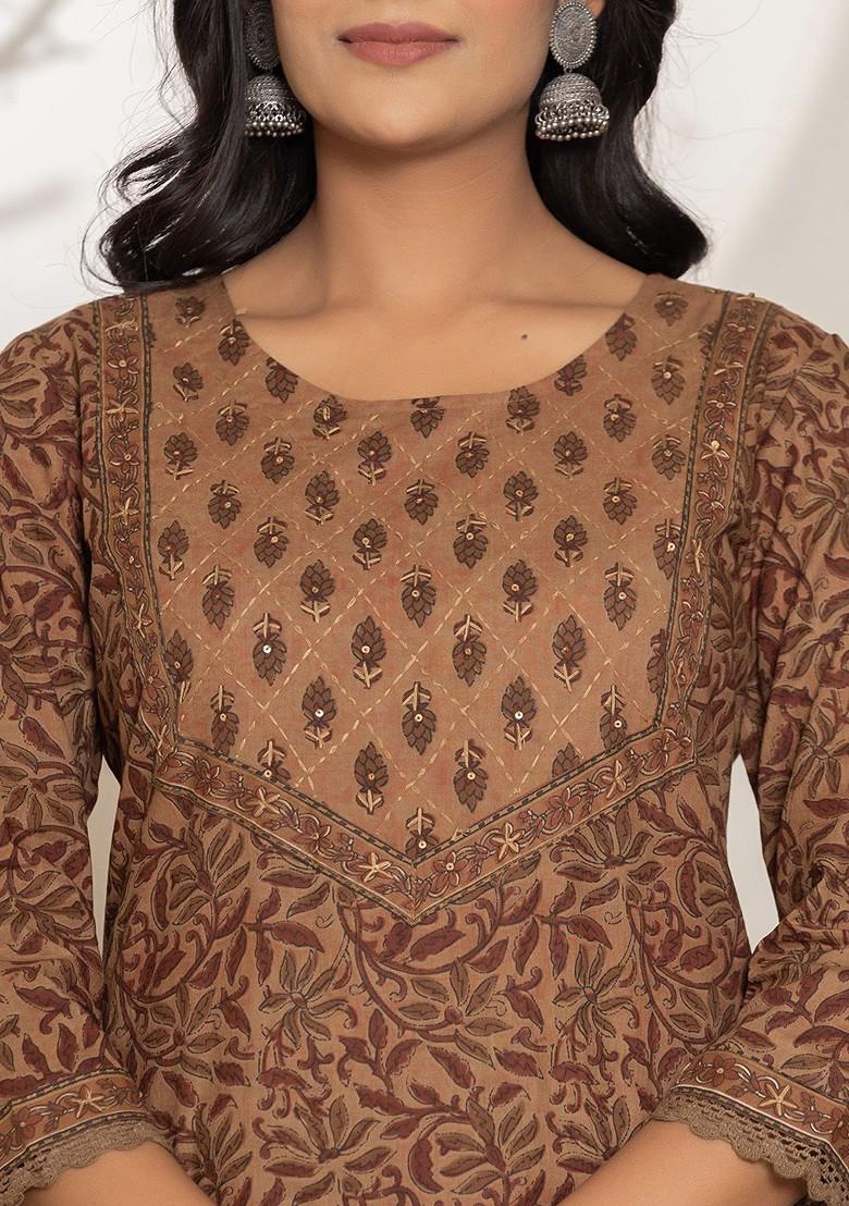 Brown Printed Cotton Kurta Set