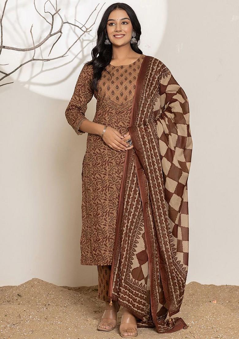 Brown Printed Cotton Kurta Set
