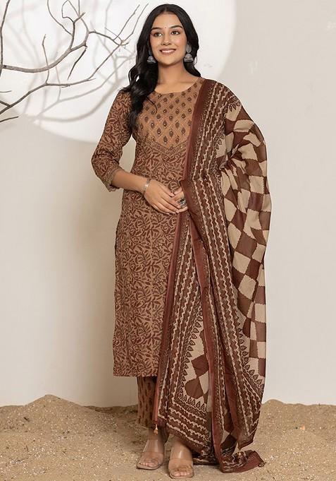 Brown Printed Cotton Kurta Set