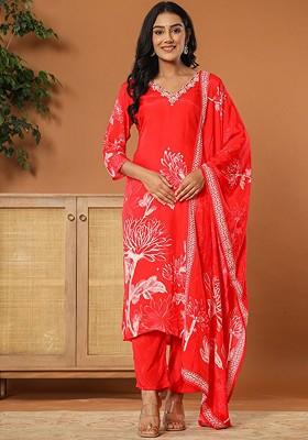 Pink Printed Poly Blend Kurta Set