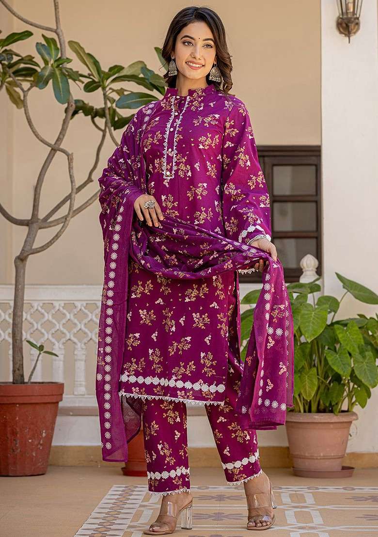 Purple Printed Cotton Straight Kurta Set - Indya