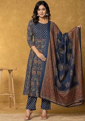 Blue Printed Cotton Kurta Set