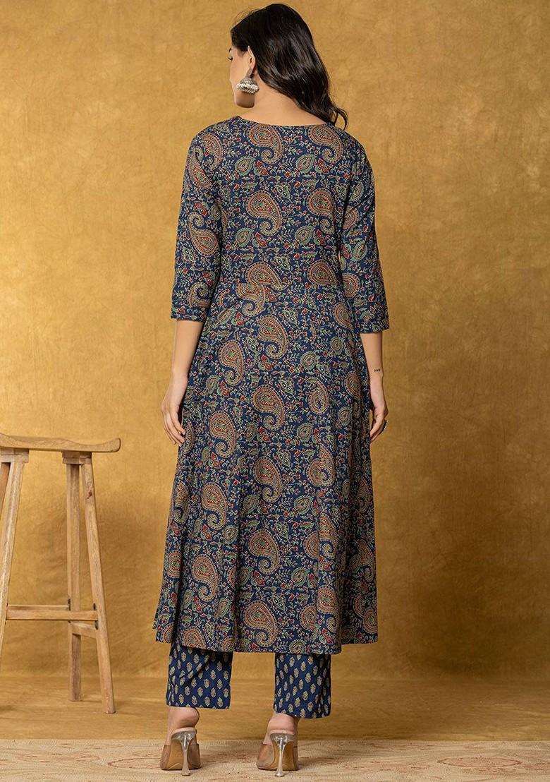 Blue Printed Cotton Kurta Set