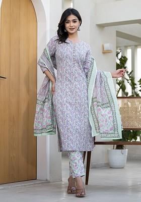 Green Printed Cotton Kurta Set