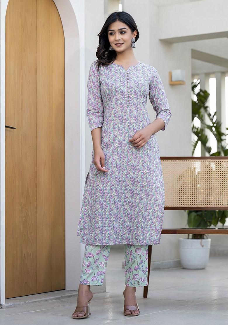 Green Printed Cotton Kurta Set