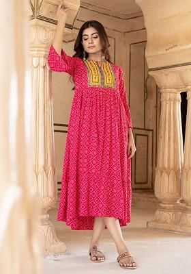 Pink Printed Poly Blend Anarkali Kurta