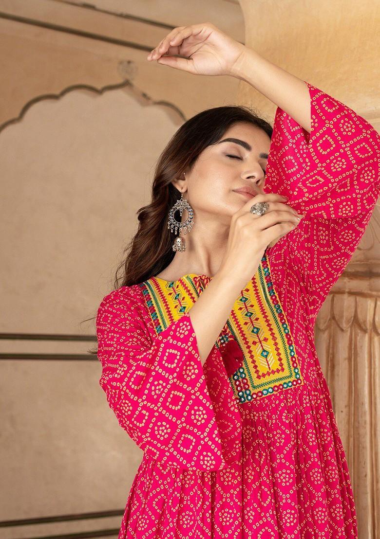 Pink Printed Poly Blend Anarkali Kurta