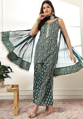 Green Printed Cotton Kurta Set