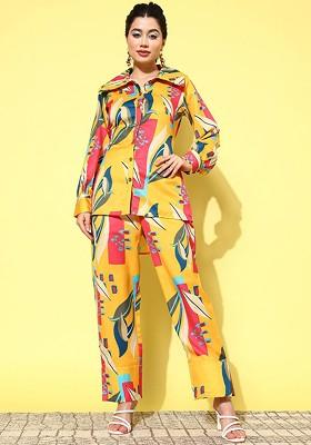Yellow Printed Poly Blend Co-Ord Set