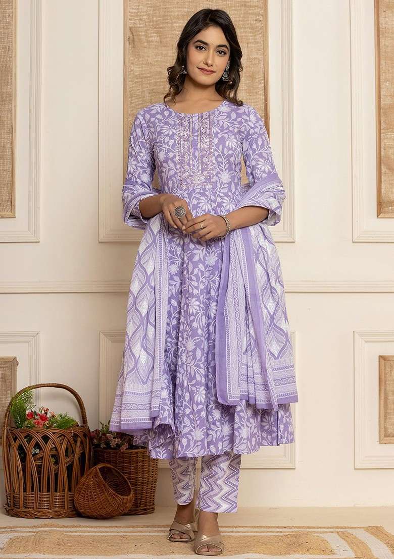Purple Chikankari Cotton A Line Kurta Set - Indya