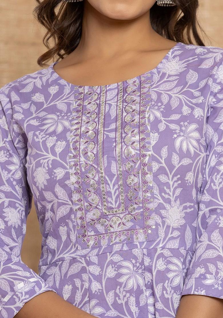 Purple Printed Cotton Kurta Set