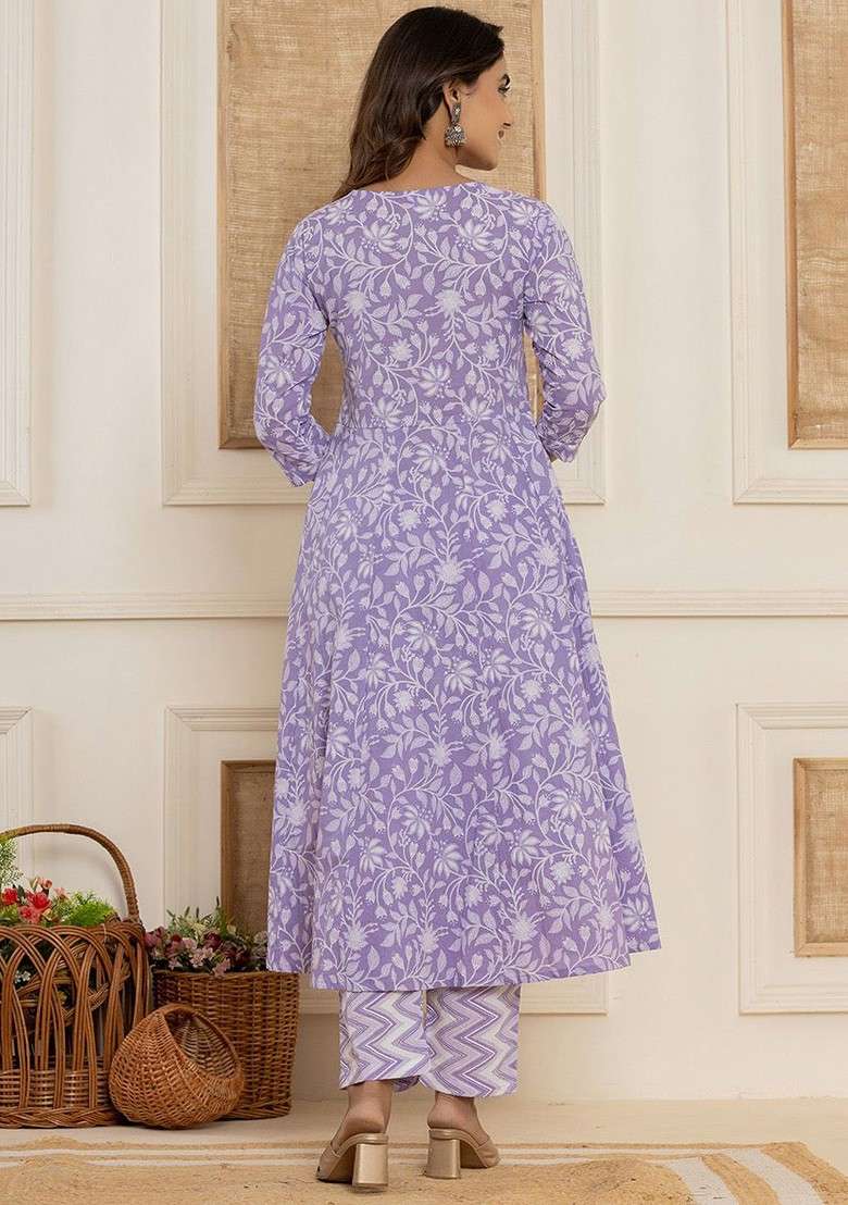 Purple Chikankari Cotton A Line Kurta Set - Indya